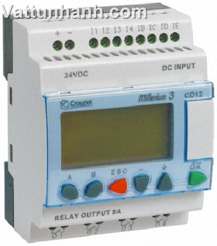 PLC, logic controller, 12 I/O, 8 inputs, 4 relay outputs, millennium 3, LCD display, 24Vdc supply
